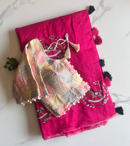 Chanderi Cotton Saree With Khadi Embroidery Stitched Blouse