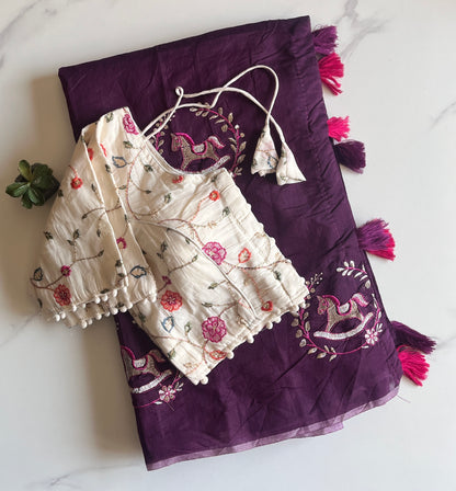 Chanderi Cotton Saree With Khadi Embroidery Stitched Blouse