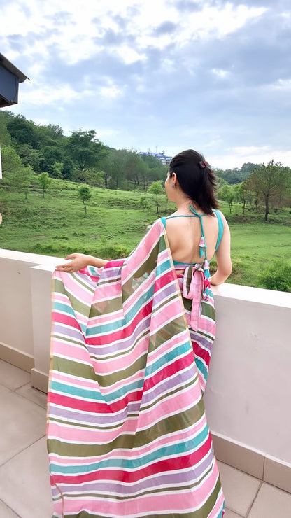 Premium Linen Stripes Saree With Stitched Blouse