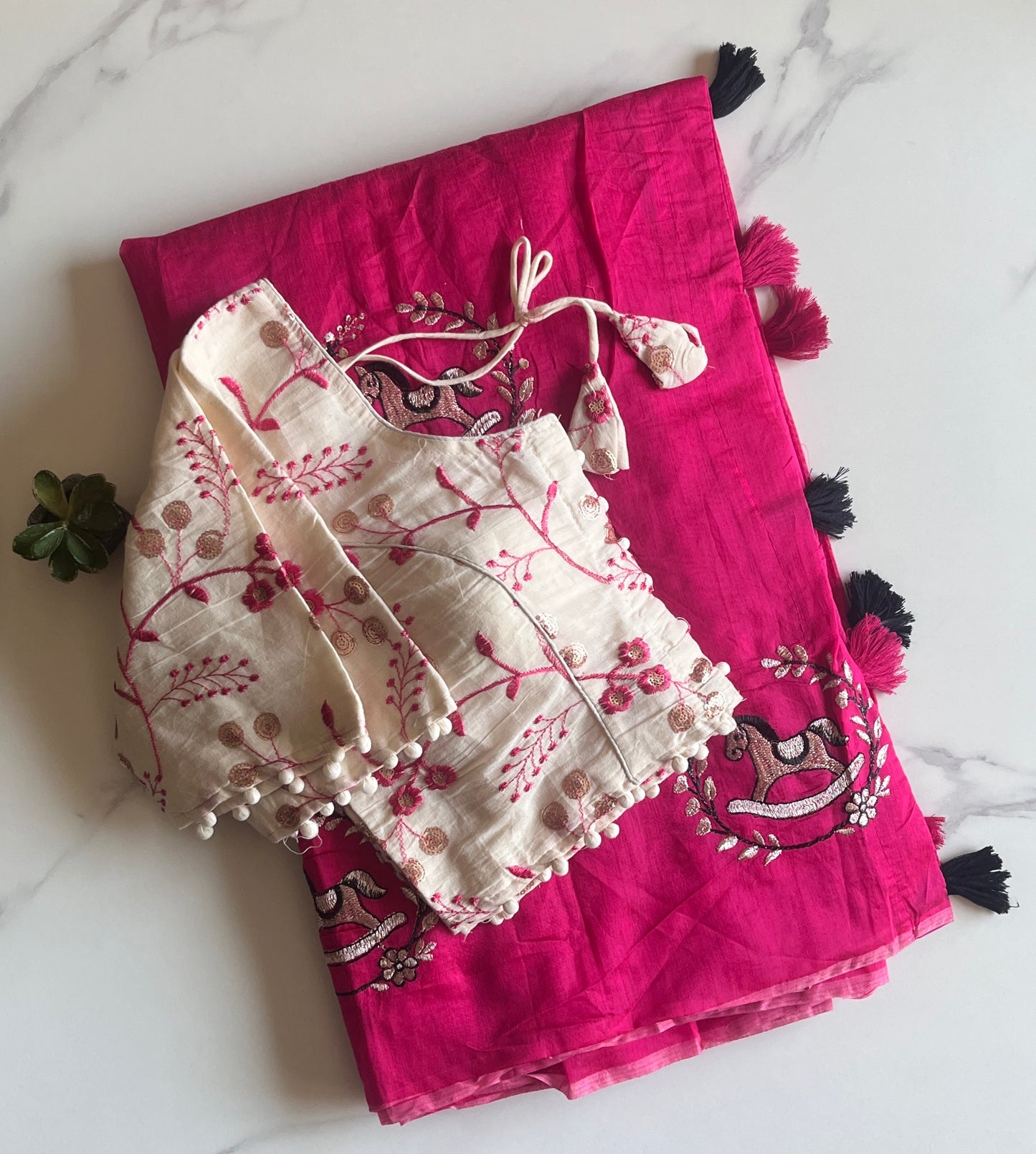 Chanderi Cotton Saree With Khadi Embroidery Stitched Blouse