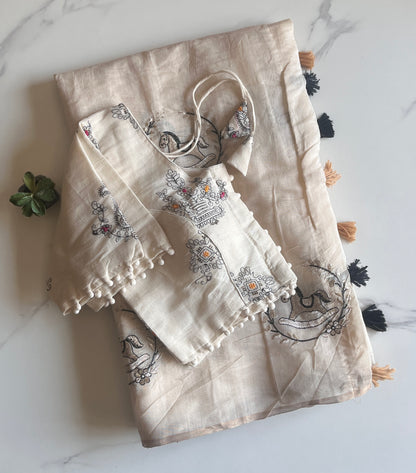 Chanderi Cotton Saree With Khadi Embroidery Stitched Blouse