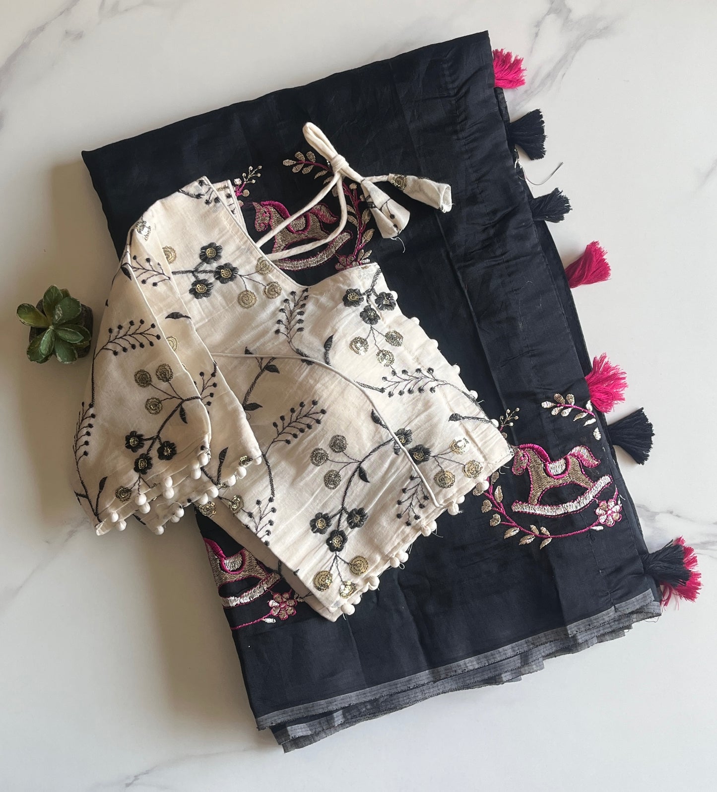 Chanderi Cotton Saree With Khadi Embroidery Stitched Blouse