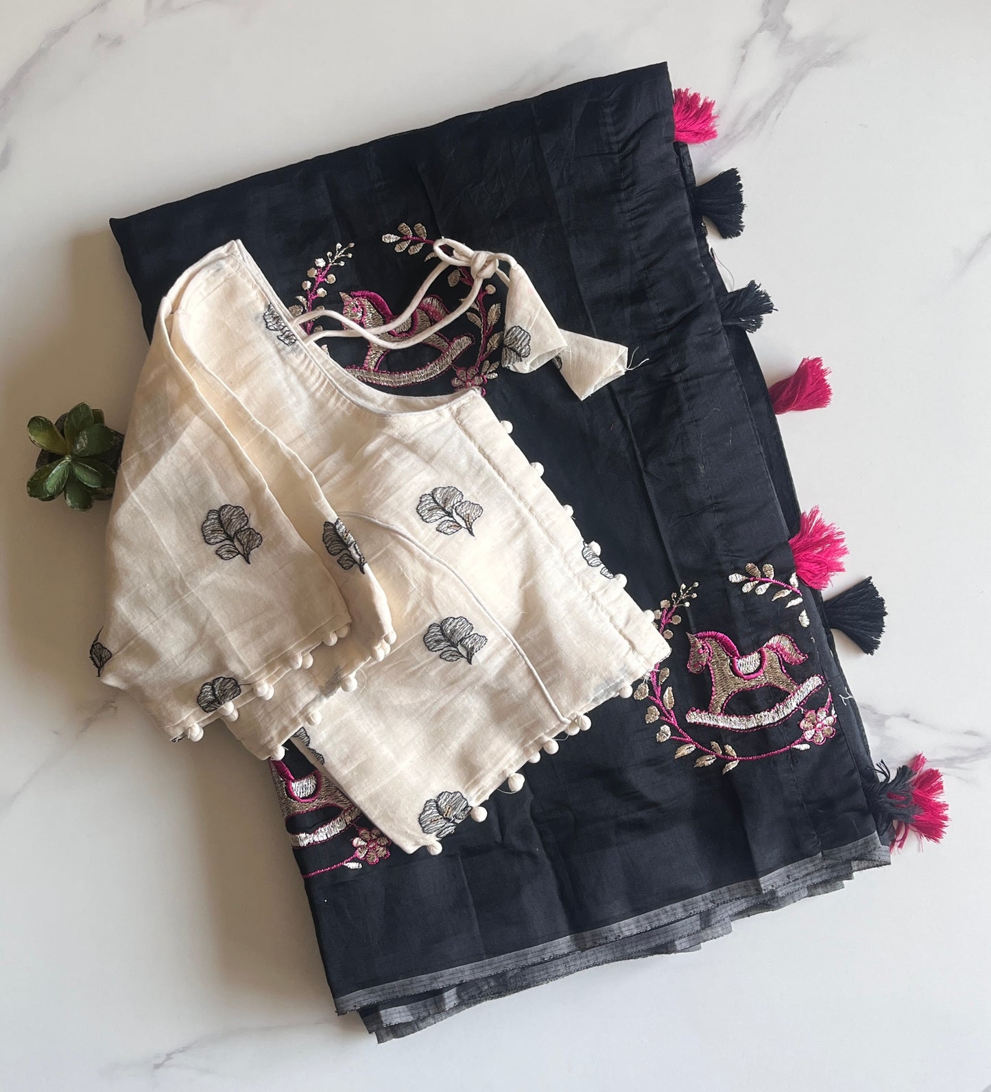 Chanderi Cotton Saree With Khadi Embroidery Stitched Blouse
