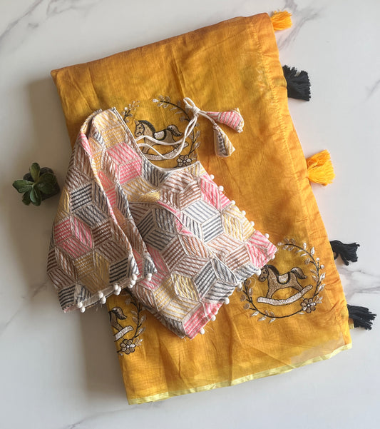 Chanderi Cotton Saree With Khadi Embroidery Stitched Blouse