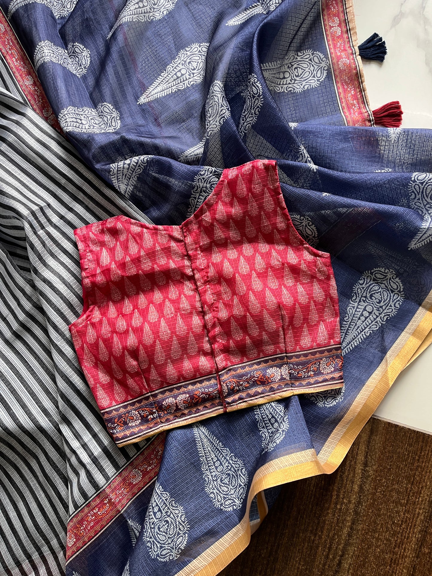 Kota Doriya Saree With Stitched Blouse