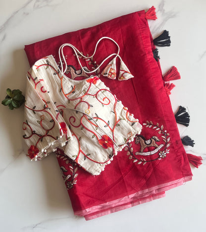 Chanderi Cotton Saree With Khadi Embroidery Stitched Blouse