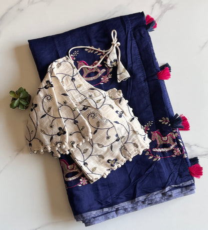 Chanderi Cotton Saree With Khadi Embroidery Stitched Blouse