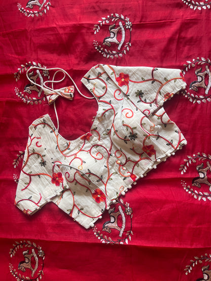 Chanderi Cotton Saree With Khadi Embroidery Stitched Blouse