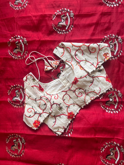 Chanderi Cotton Saree With Khadi Embroidery Stitched Blouse
