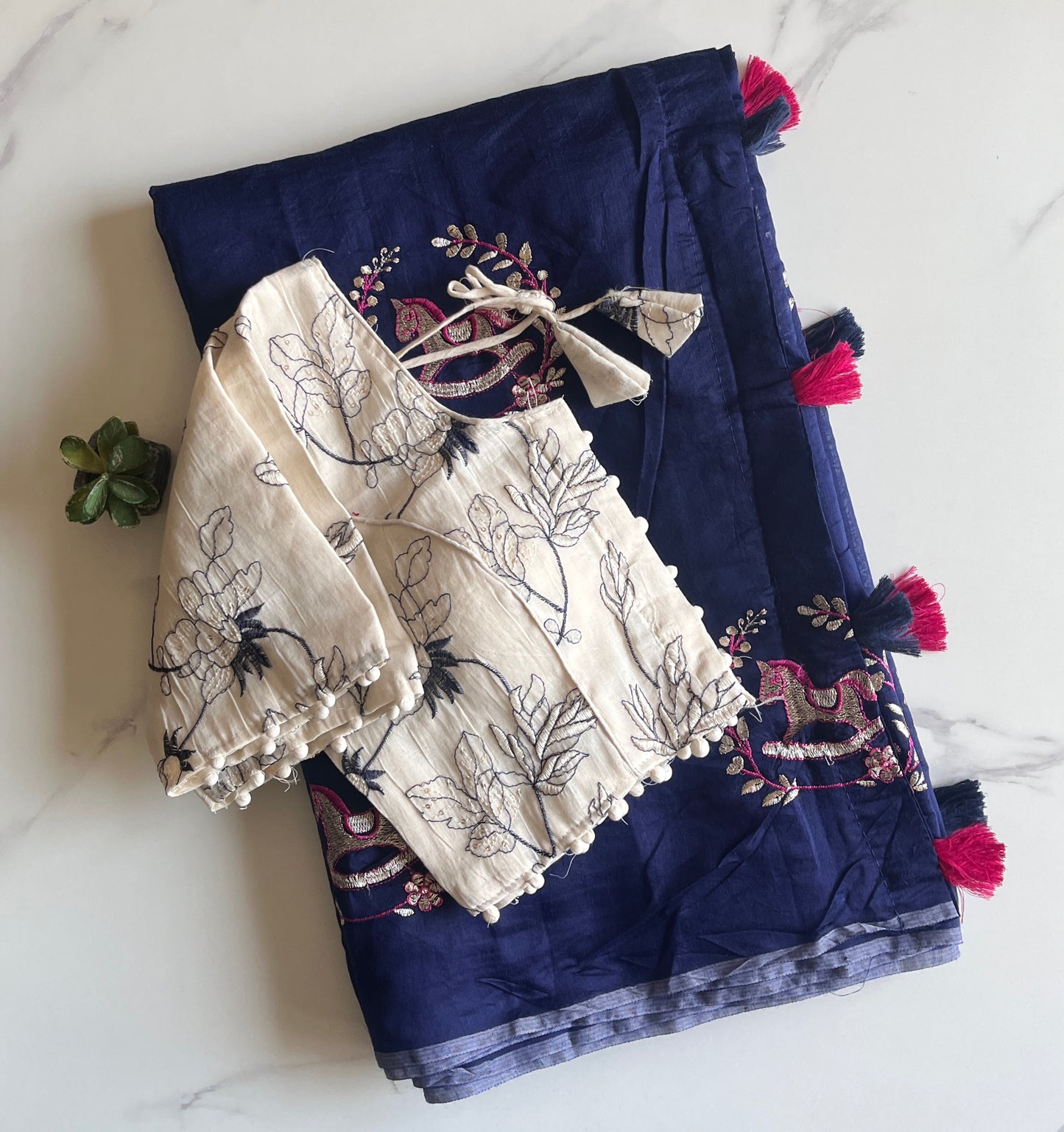 Chanderi Cotton Saree With Khadi Embroidery Stitched Blouse