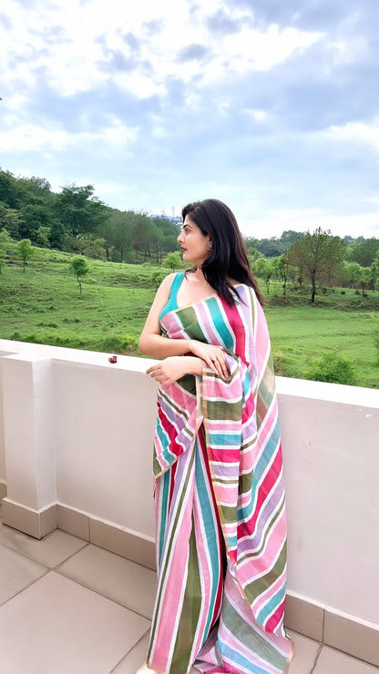 Premium Linen Stripes Saree With Stitched Blouse