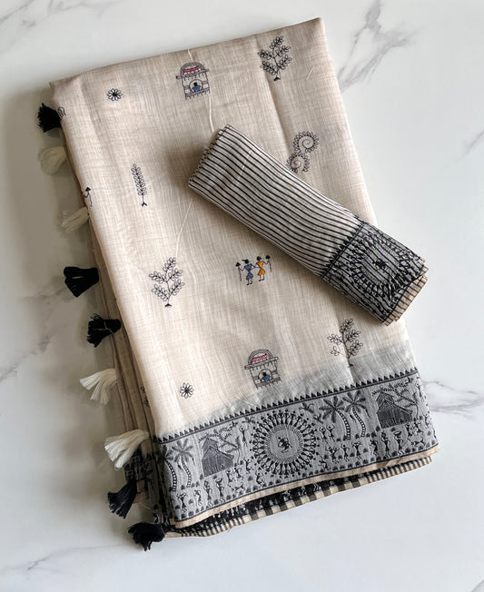 Linen Saree With Contrast Blouse