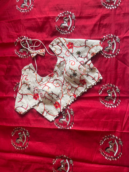 Chanderi Cotton Saree With Khadi Embroidery Stitched Blouse