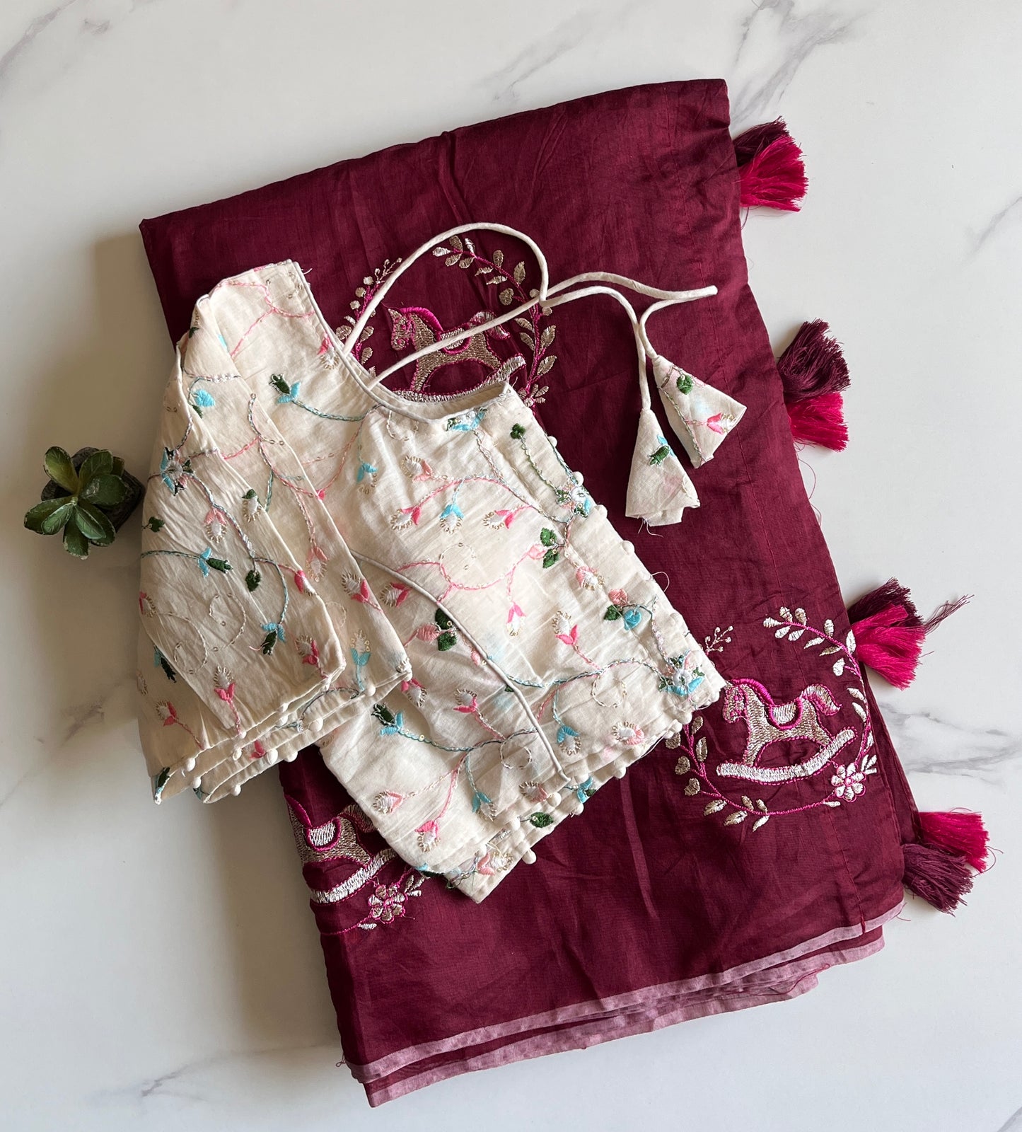 Chanderi Cotton Saree With Khadi Embroidery Stitched Blouse