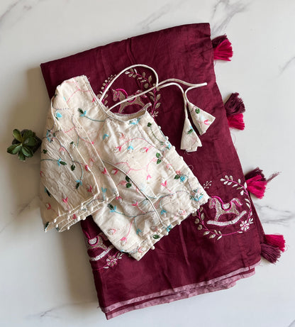 Chanderi Cotton Saree With Khadi Embroidery Stitched Blouse