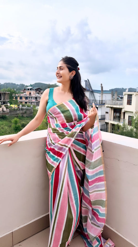 Premium Linen Stripes Saree With Stitched Blouse