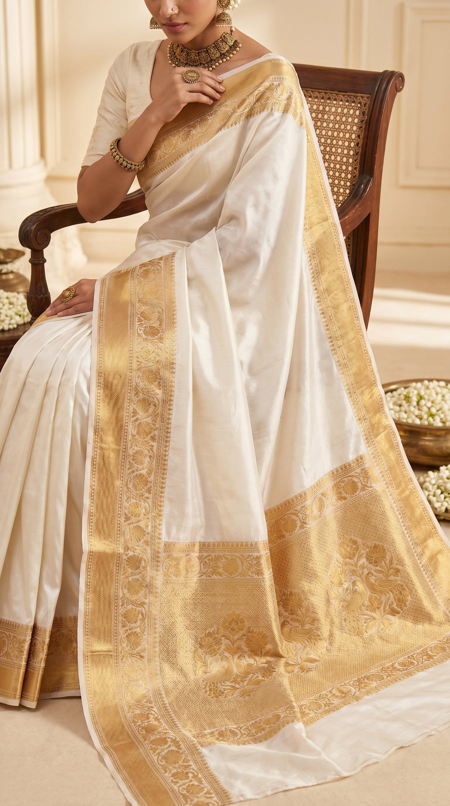 White Silk Saree with Zari Border – Silk Collection